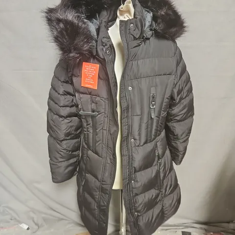 SPINDLE LADIES' BLACK LONG PADDED COAT WITH FUR-TRIMMED HOOD SIZE 12