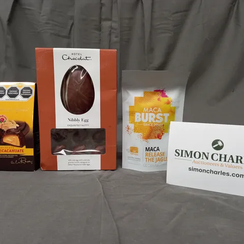 APPROXIMATELY 10 ASSORTED FOOD AND DRINK ITEMS TO INCLUDE CHOCOLATE DULCE DE CACAHUATE, HOTEL CHOCOLAT NIBBLY EGG, MACA BURST CAPSULES, ETC