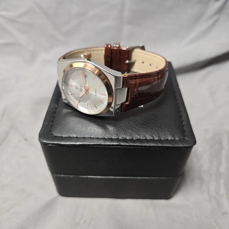 MENS ERNEST FERDINAND WATCH – DAY DATE CALENDAR DIAL – BROWN LEATHER STRAP – 3ATM WATER RESISTANT - GIFT BOX