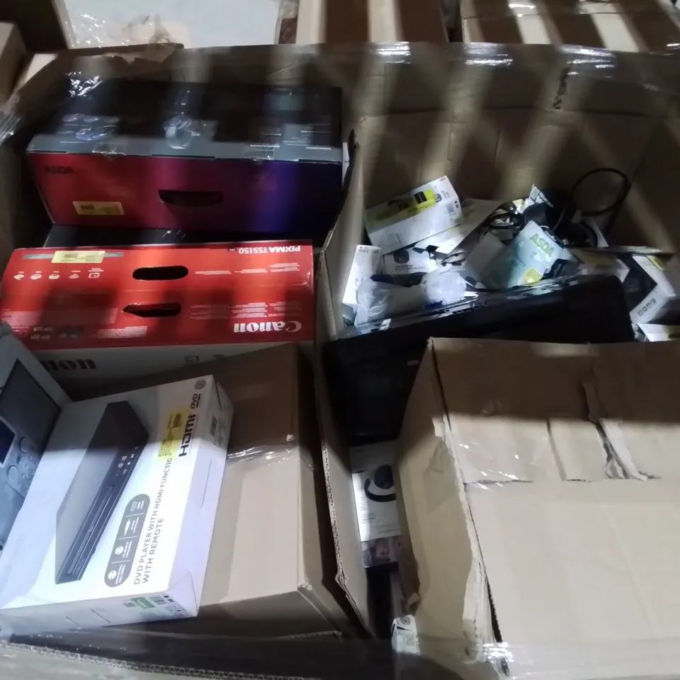 PALLET OF ASSORTED TECH ITEMS TO INCLUDE KARAOKE PARTY SPEAKER,BLUETOOTH BOOMBOX AND HP PRINTER