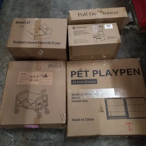 PALLET CONTAINING ASSORTED PRODUCTS INCLUDING PULL OUT DRAWER, SLOW JUICER, ELECTRIC FRYER, FOLDING WAGON & PET PLAYPEN