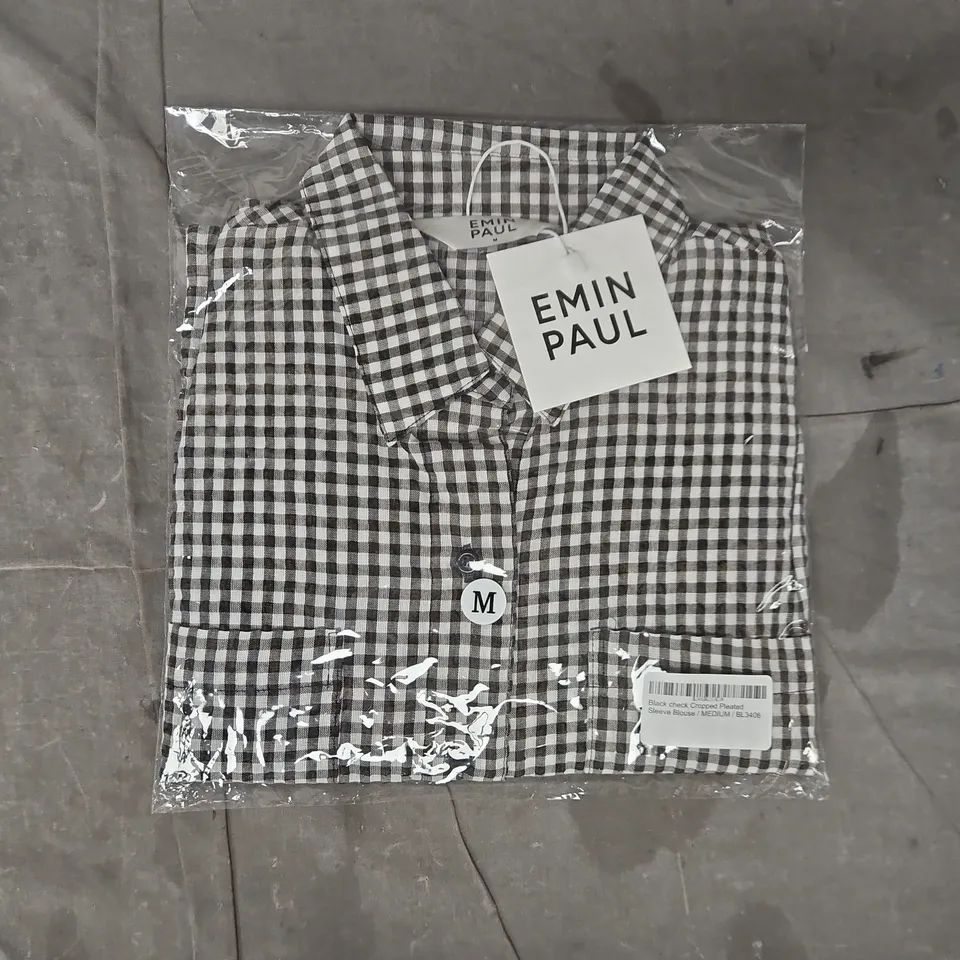 BAGGED EMIN PAUL BLACK CHECK CROPPED PLEATED SLEEVE BLOUSE SIZE MEDIUM