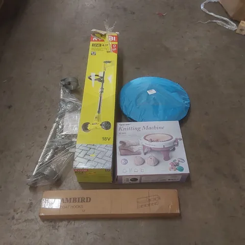 PALLET OF ASSORTED ITEMS INCLUDING: RYOBI PATIO CLEANER, COAT HOOKS, KNITTING MACHINE, CRUTCHES, POP-UP TENT ECT