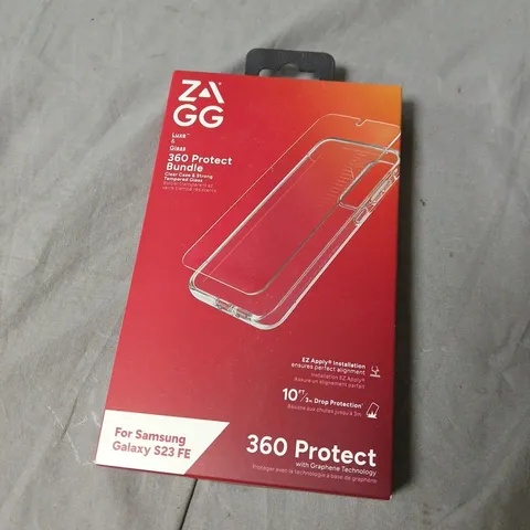 BOX OF APPROXIMATELY 50 ZAGG 360 PROTECT BUNDLE FOR SAMSUNG GALAXY S23 FE – CLEAR CASE + TEMPERED GLASS