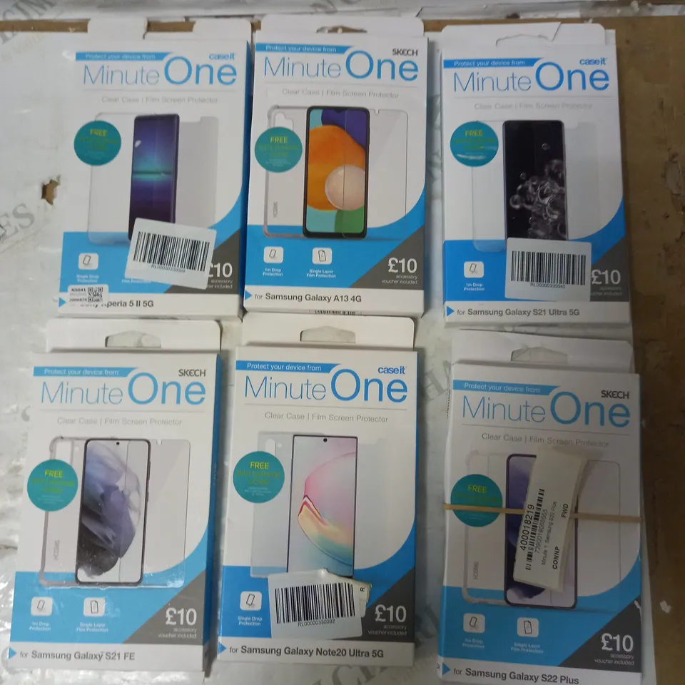 LOT OF 20 ASSORTED MINUTE ONE CLEAR CASE & SCREEN PROTECTOR KITS FOR SONY EXPERIA-2-5G AND SAMSUNG GALAXY S21-FE, A13-4G, A22-5G, S22-PLUS AND S21-ULTRA-5G