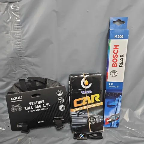 TOTE OF APPROXIMATELY 7 ASSORTED VEHICLE ITEMS TO INCLUDE - BOSCH REAR H200 , VENTURE ROLL BAG 1.5L ETC