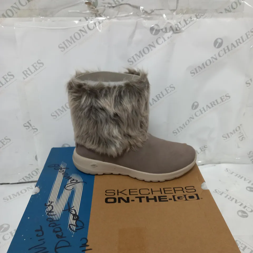 BOXED SKECHERS ON THE GO JOY MID SUEDE BOOTS, TAUPE - SIZE 5.5
