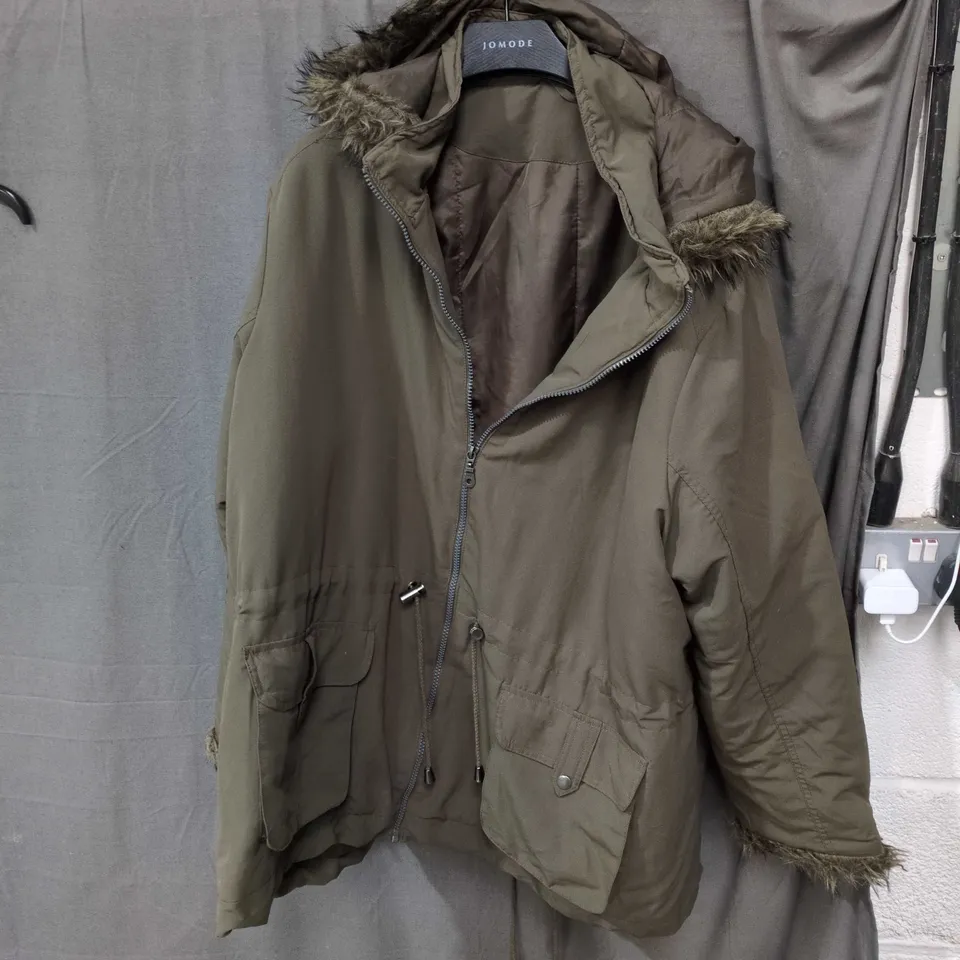 WARDROBE ESSENTIALS OLIVE PARKA JACKET WITH FUR TRIM - SIZE UNSPECIFIED 