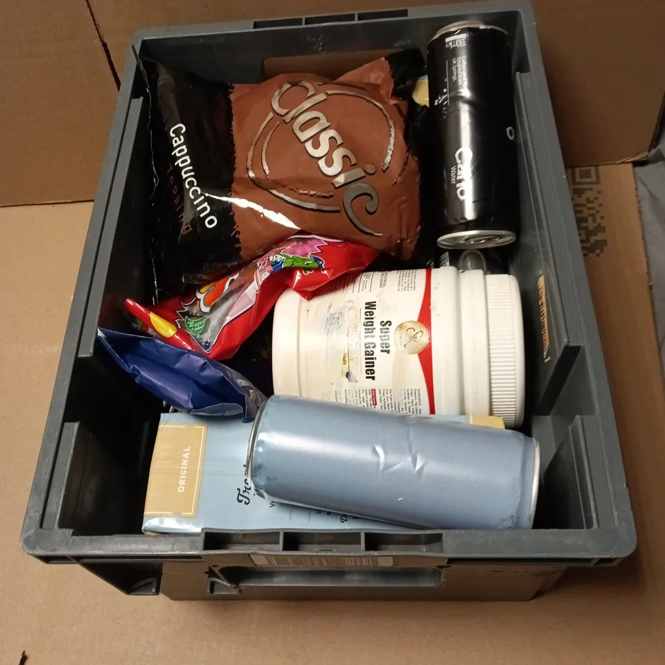 TOTE OF APPROXIMATELY 12 ASSORTED FOOD/DRINK ITEMS TO INCLUDE CLASSIC CAPPUCCINO TOPPING, CANO WATER, SHE CAN, CALIFIA OAT DRINK ETC