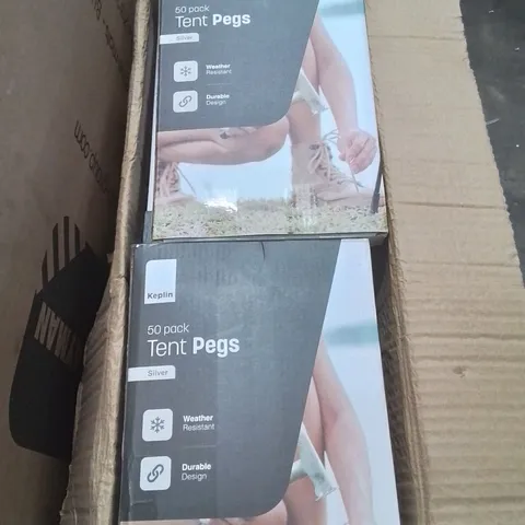 BOX CONTAINING LARGE AMOUNT OF 50 PACKS OF TENT PEGS
