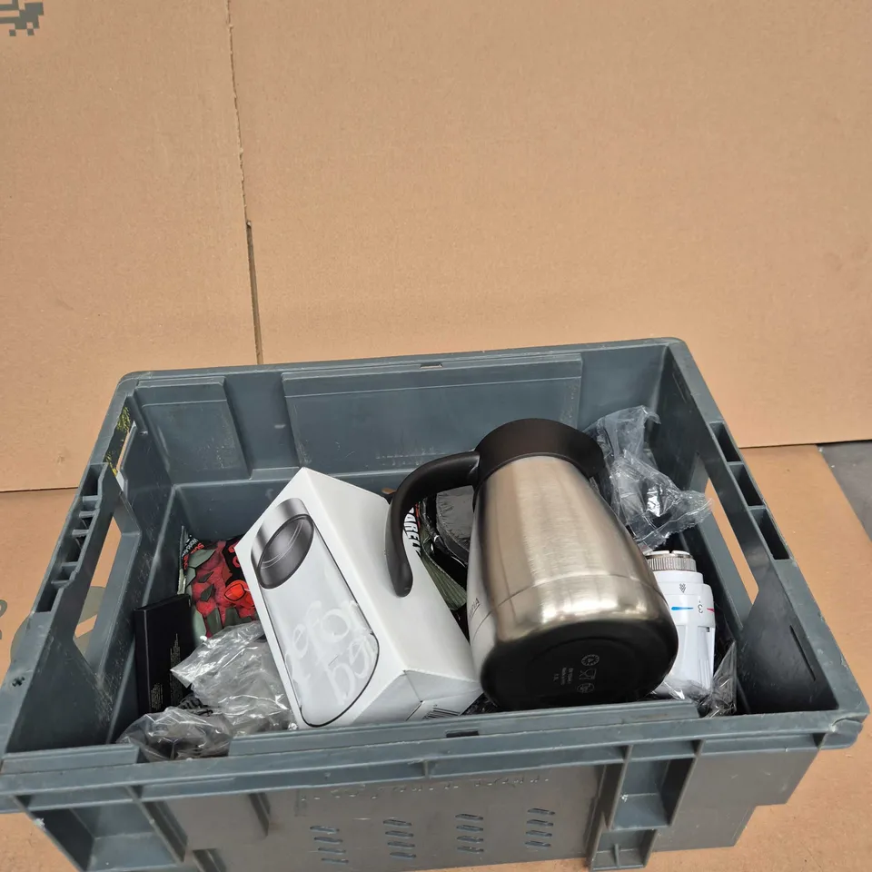 TOTE OF APPROXIMATELY 10 ASSORTED ITEMS INCLUDING A GLASS BOTTLE, STAINLESS STEEL CUTLERY AND BARELY LEGAL COATED BAITS