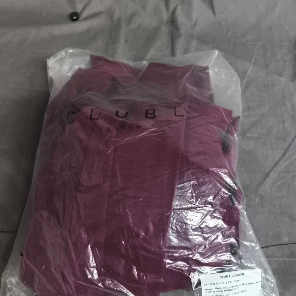 CLUB L LONDON BURGUNDY HIGH-NECK MAXI DRESS WITH DRAPING DETAIL – UK 8