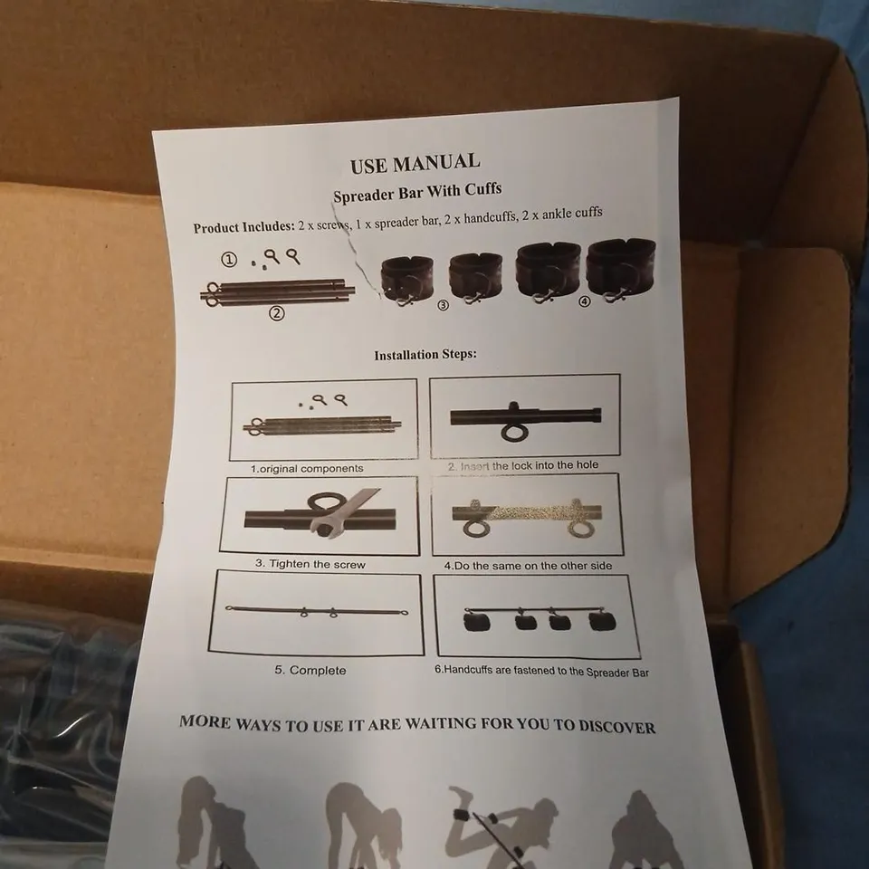 SPREADER BAR WITH CUFFS KIT – INCLUDES MANUAL, SCREWS, HANDCUFFS & ANKLE CUFFS