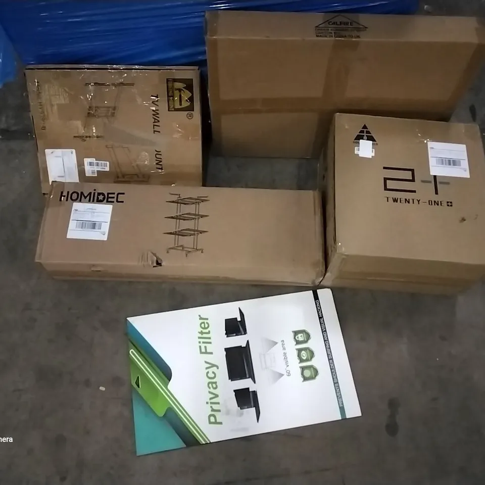 PALLET OF ASSORTED ITEMS INCLUDING PRIVACY FILTER, HOMIDEC DRYING RACK, FORGING MOUNT TV WALL MOUNT, KKTONER ROLLING STOOL