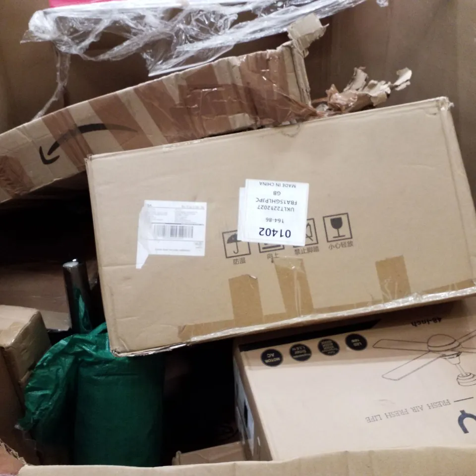 PALLET OF ASSORTED PRODUCTS INCLUDING FOLDING CHAIR, LED CEILING FAN, TV STAND, BLACKOUT BLIND