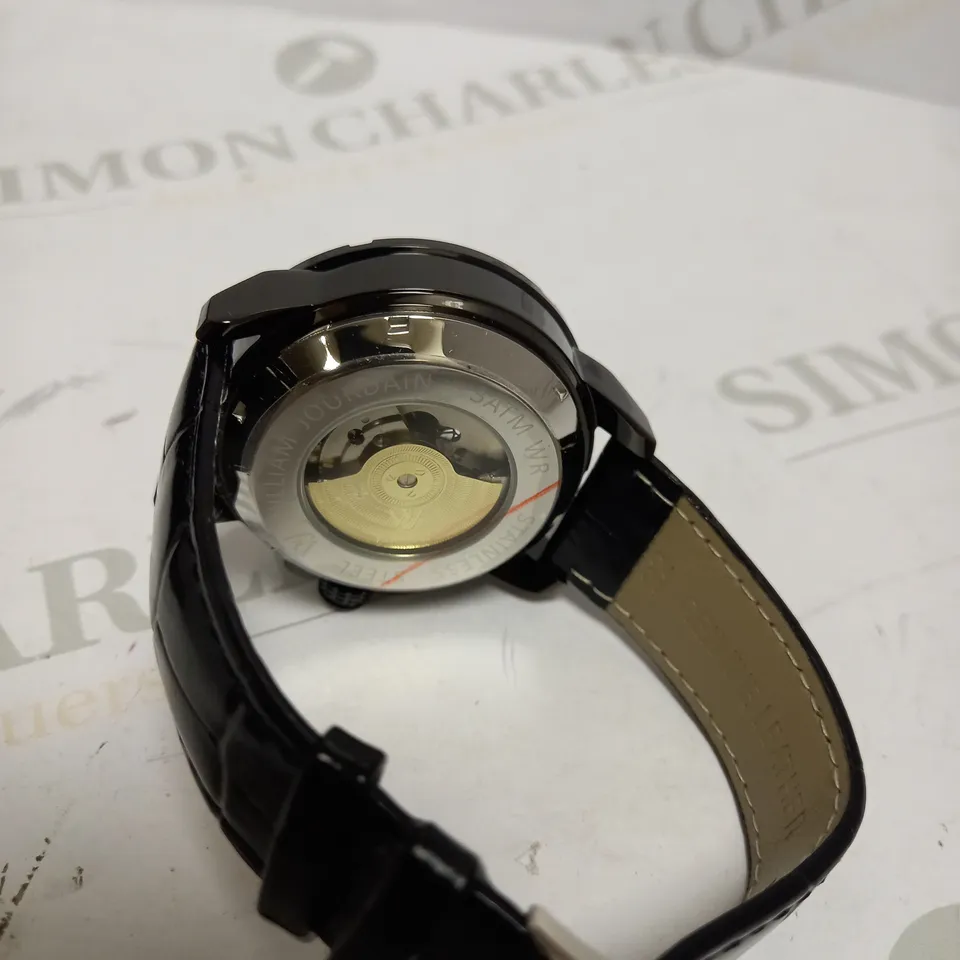 MENS WILLIAM JOURDAIN AUTOMATIC 2580 WATCH – OPEN HEART MOVEMENT WITH SUB DIALS – GLASS EXHIBITION BACK CASE – BLACK GENUINE LEATHER STRAP