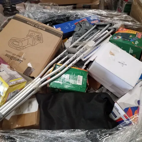 PALLET CONTAINING MIXED RETURNS INCLUDING CORDLESS WINDOW VAC, FLEXI HOSES, HP LASER JET TONER CARTRIDGE, TILE CUTTER & CRUTCHES 