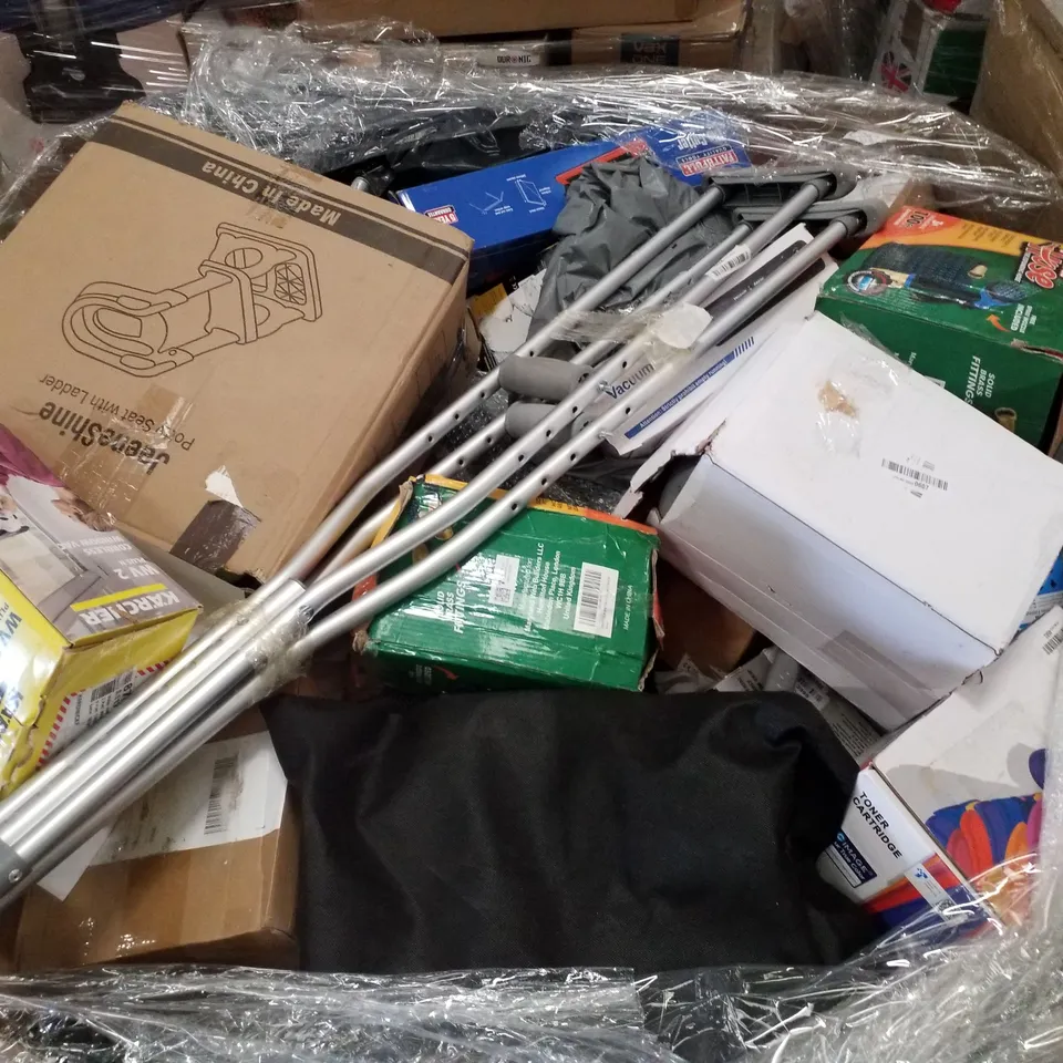 PALLET CONTAINING MIXED RETURNS INCLUDING CORDLESS WINDOW VAC, FLEXI HOSES, HP LASER JET TONER CARTRIDGE, TILE CUTTER & CRUTCHES 