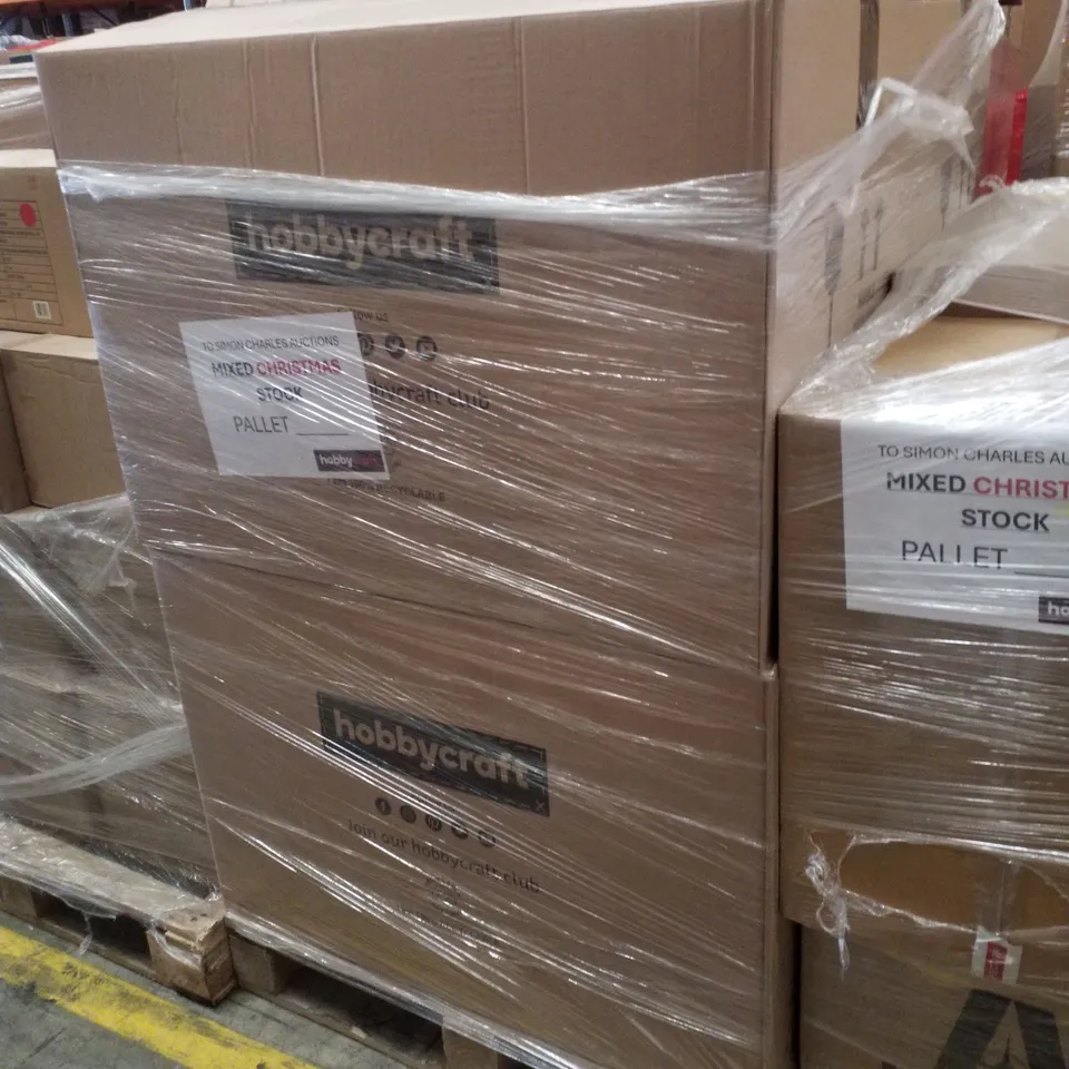 PALLET CONTAINING ASSORTED CHRISTMAS PRODUCTS & DECORATIONS INCLUDING COLOUR IN CANVAS NUTCRACKER, CUPCAKE TOPPERS, COTTON LINEN STOCKINGS, PAPER CUPS & VELLUM PAPER