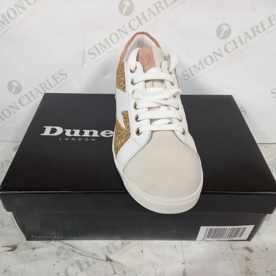 BOXED PAIR OF DUNE LONDON TRAINERS IN GOLD COLOUR W. GLITTER EFFECT UK SIZE 6