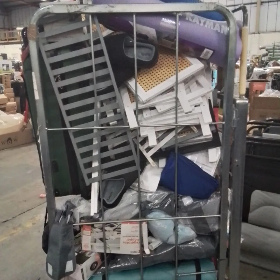 CAGE OF ASSORTED HOUSEHOLD GOODS AND PRODUCTS TO INCLUDE;SUITCASE,ELECTRIC CAN OPENER,SHOERACK