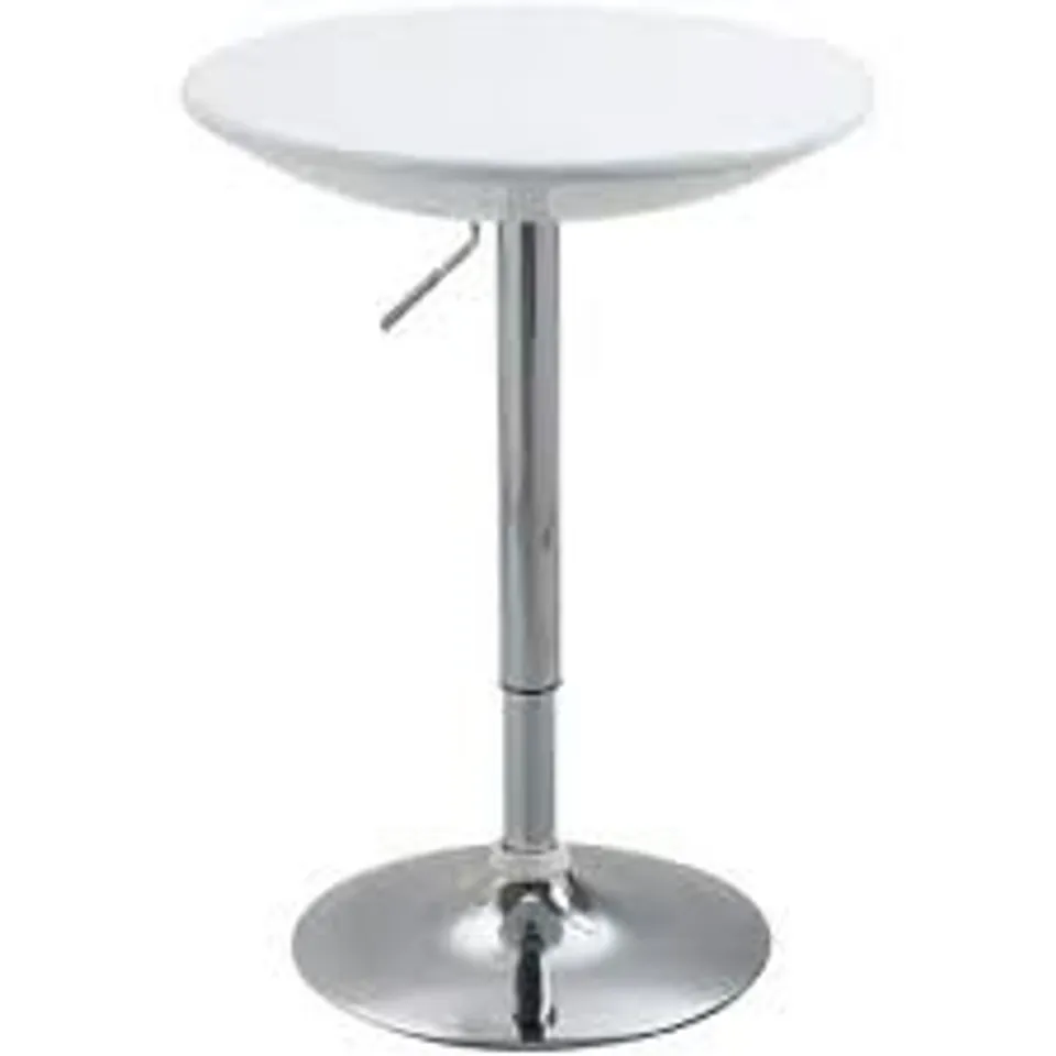 BOXED HOMCOM MODERN ROUND BAR TABLE ADJUSTABLE HEIGHT HOME PUB BISTRO DESK SWIVEL PAINTED TOP WITH SILVER STEEL LEG AND BASE, WHITE