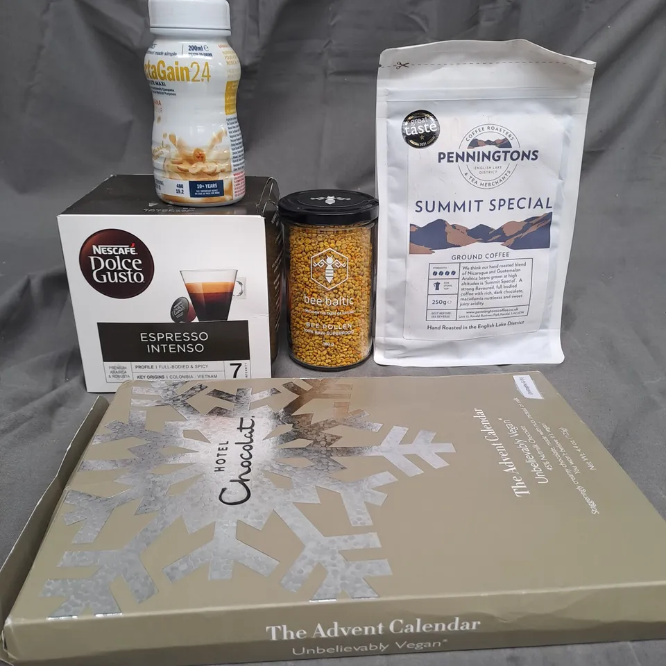 BOX OF APPROXIMATELY 10 ITEMS TO INCLUDE BEE POLLEN, HOTEL CHOCOLATE, GROUND COFFEE ETC