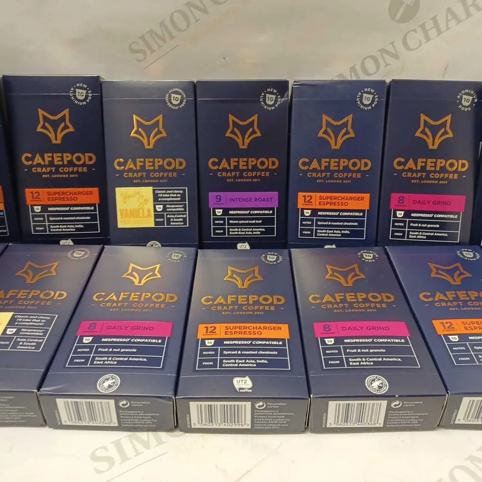 LOT OF APPROX 14 ASSORTED CAFEPOD SRAFT COFFEE BOXES TO INCLUDE SUPERCHARGER ESPRESSO, INTENSE ROAST, RISTRETTO, ETC 