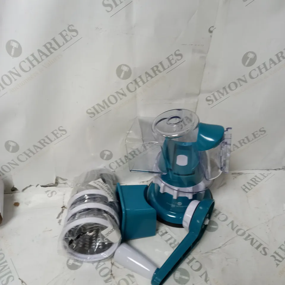 BOXED COOK'S ESSENTIALS SPEED GRATER & SLICER WITH SUCTION BASE IN TEAL