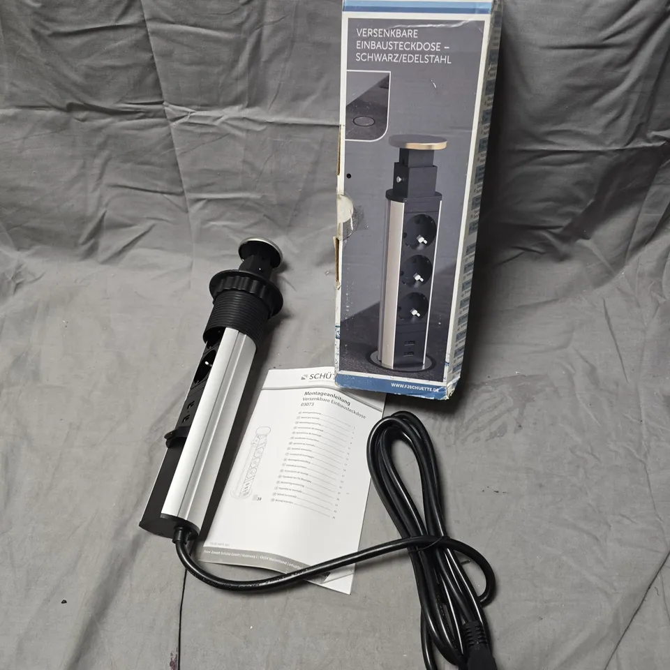 SCHÜTTE LOWERABLE SOCKET OUTLET WITH 3 SOCKETS + 2 USB PORTS – BLACK & STAINLESS