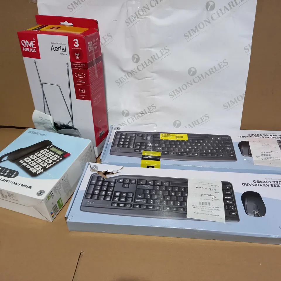 BOX OF APPROXIMATELY 20 ASSORTED ITEMS TO INCLUDE A BIG BUTTON LANDLINE PHONE. INDOOR AERIAL ANTENNA AND A WIRELESS KEYBOARD