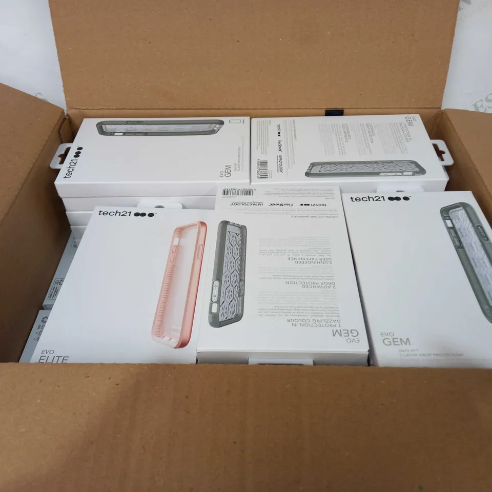 BOX OF 79 BRAND NEW PHONE CASES TO INCLUDE 75 TECH 21 EVO GEM 3M 3-LAYER DROP PROTECTION IPHONE X PHONE CASES, 4 TECH 21 EVO ELITE 2M DROP PROTECTION ROSE GOLD COLOUR IPHONE X PHONE CASES