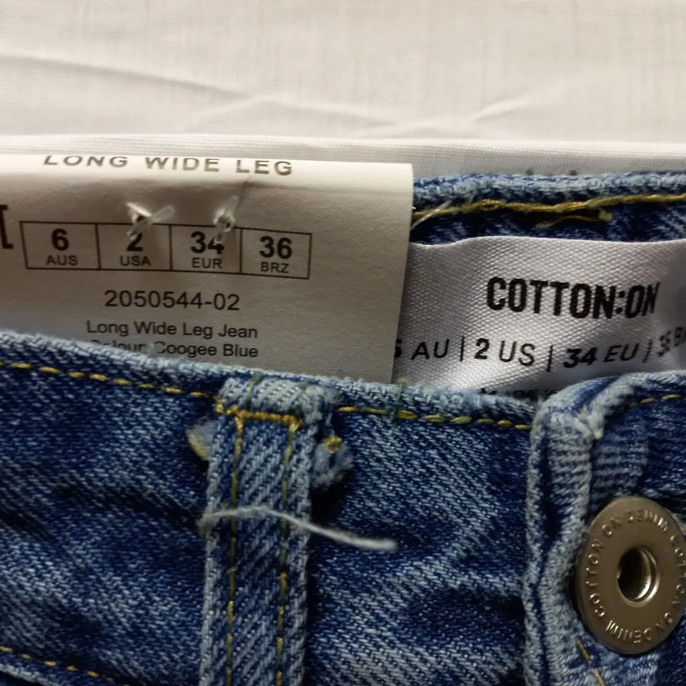 BOX OF APPROX 9 BRAND NEW COTTON:ON LONG WIDE LEG JEANS - COOGEE BLUE SIZE AUS 6	