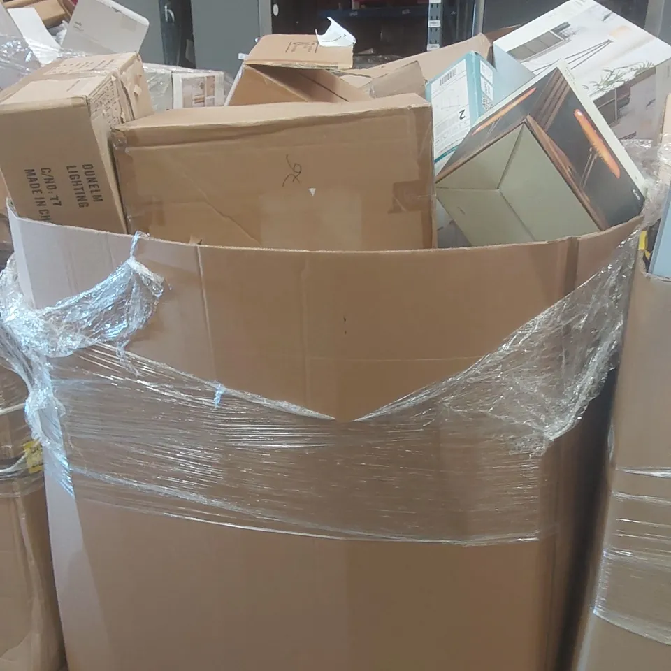 PALLET CONTAINING A VERY LARGE QUANTITY OF ASSORTED DESIGNER LIGHTING PRODUCTS TO INCLUDE: DESK LAMP, CEILING LIGHTS, TABLE LAMP ECT