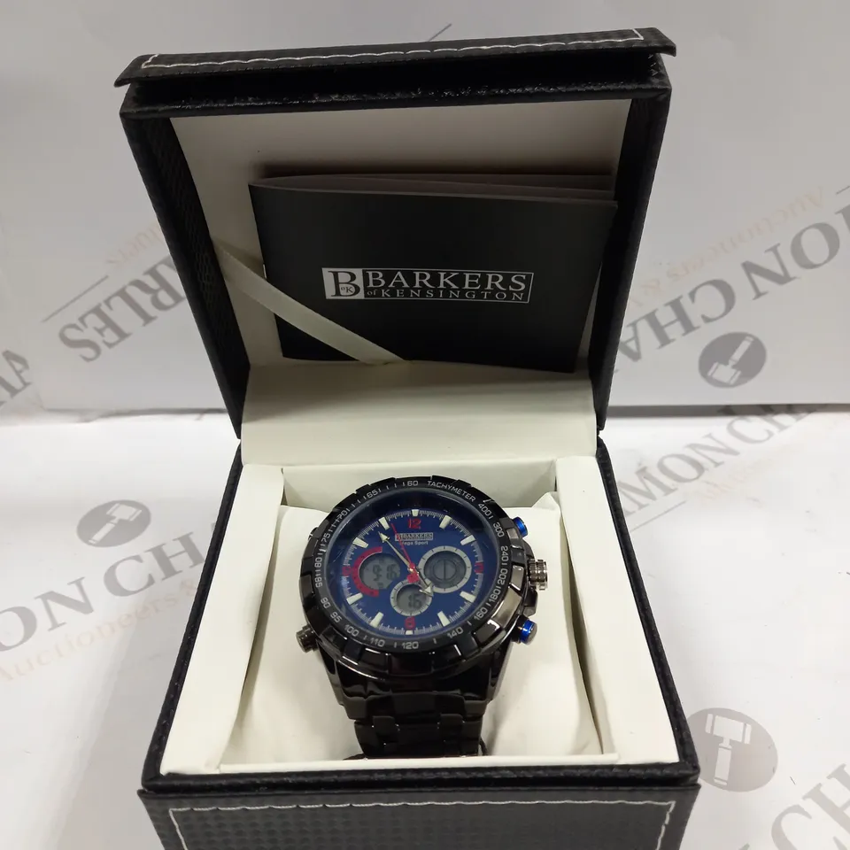 BOXED BARKERS OF KENSINGTON MEGA SPORT BLUE DIAL WATCH 