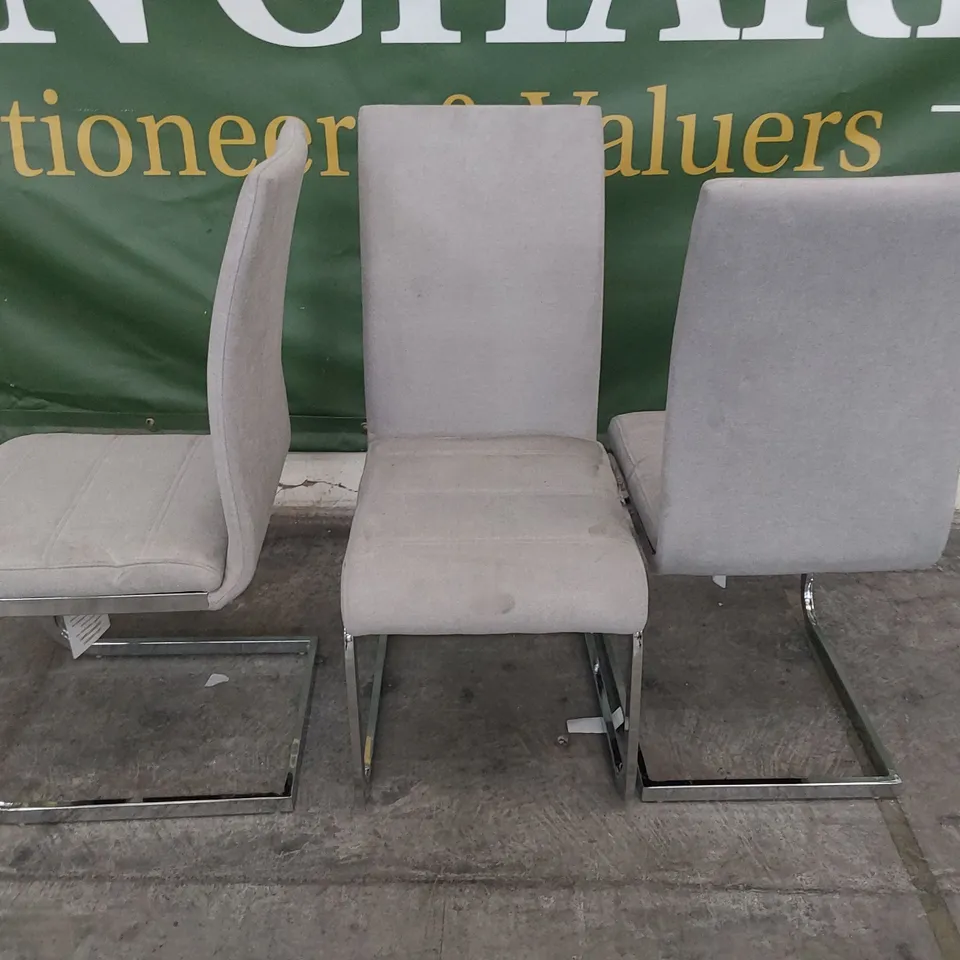 SET OF THREE UPHOLSTERED DINING GREY PLUSH FABRIC ON CHROME FRAMES 
