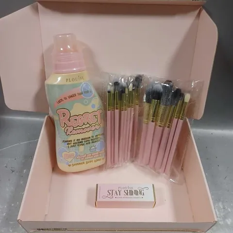 BOX OF 3 ASSORTED PLOUISE PRODUCTS TO INCLUDE - BRUSH SET - REGRET REMOVER SHIMMERING BODY WASH - STAY SHINING HYDRATING LIP FORMULA IN RASPBERRY REIGN