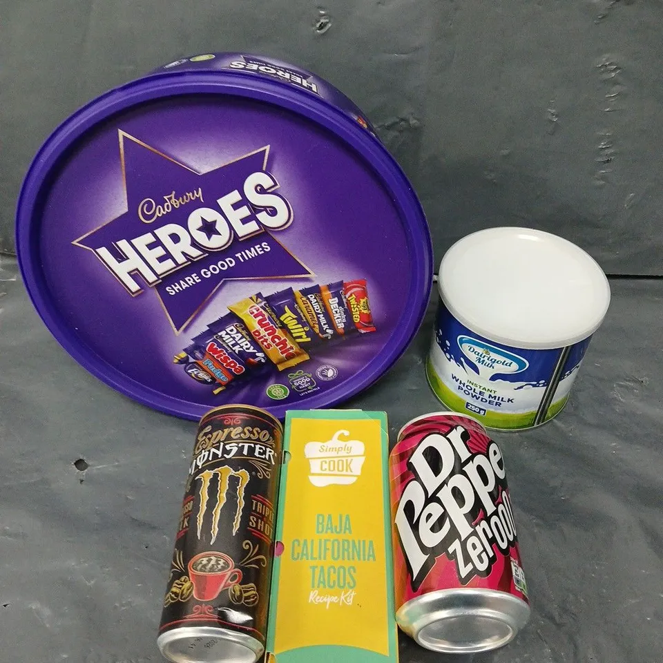 APPROXIMATELY 10 ASSORTED FOOD/DRINK PRODUCTS TO INCLUDE CADBURY HEROES, MONSTER ESPRESSO DRINKS, WHOLE MILK POWDER ETC