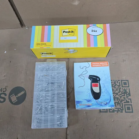 APPROXIMATELY 15 ASSORTED HOUSEHOLD PRODUCTS TO INCLUDE POST-IT NOTES, BREATHALYSER, COTTER PINS  