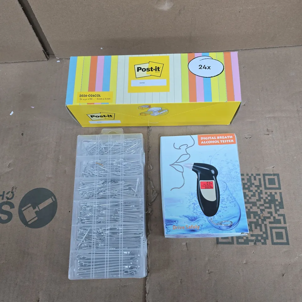 APPROXIMATELY 15 ASSORTED HOUSEHOLD PRODUCTS TO INCLUDE POST-IT NOTES, BREATHALYSER, COTTER PINS  