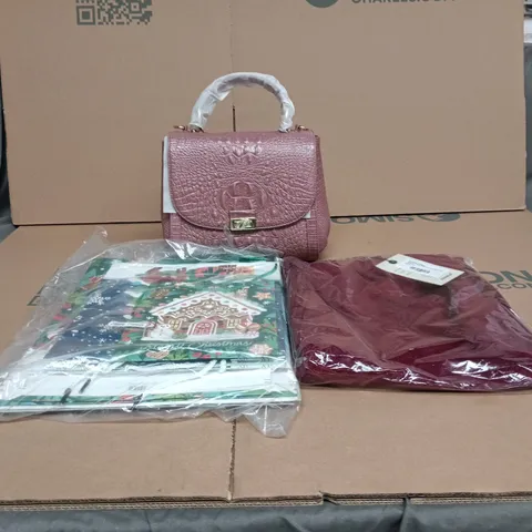 BOX OF APPROXIMATELY 20 ASSORTED ITEMS TO INCLUDE ANAMOR CLOTHING, LEATHER HAND BAG, CHRISTMAS GIFT BAGS ETC