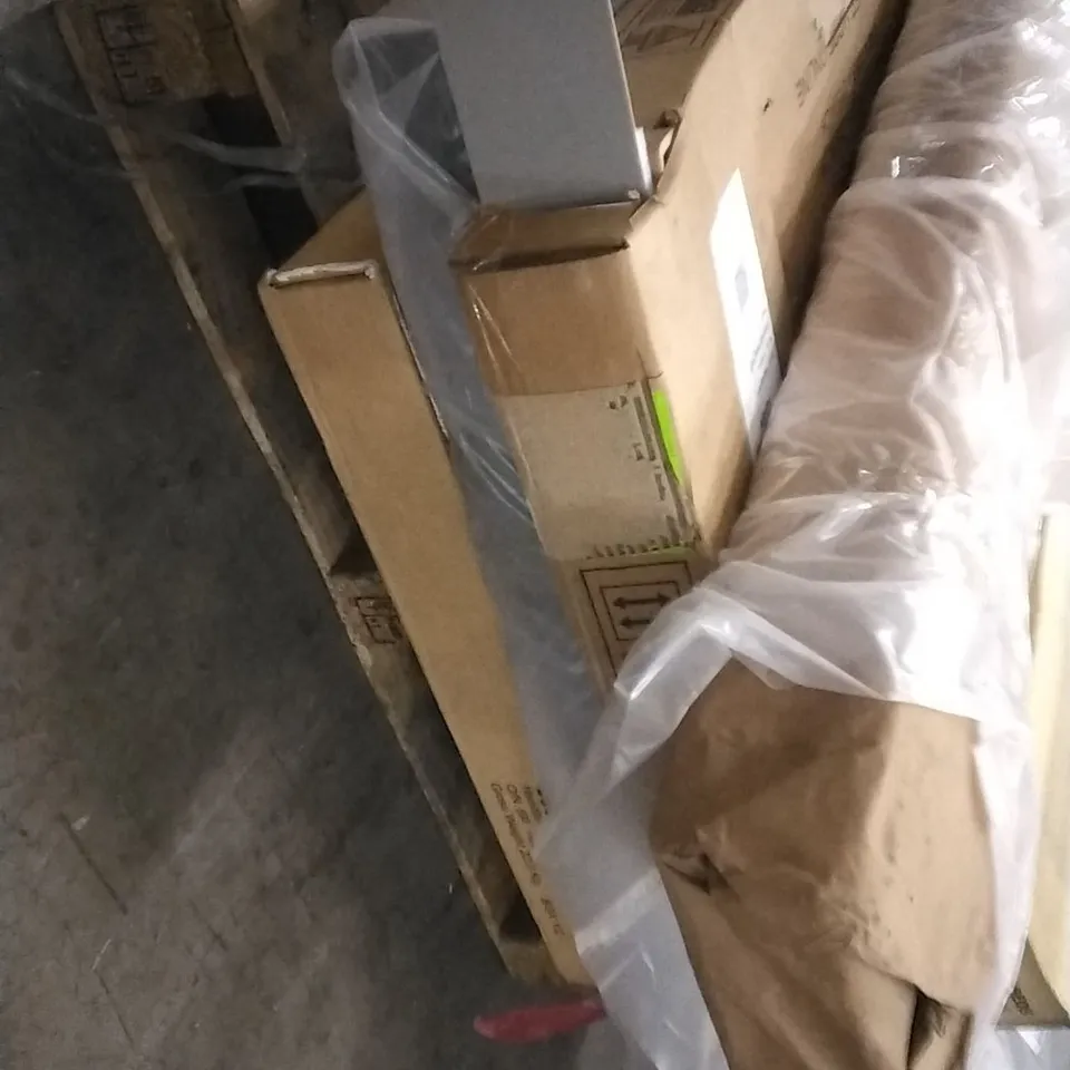 PALLET OF ASSORTED FURNITURE PARTS INCLUDING FABIO VELVET CHARCOAL DOUBLE BED PARTS, CHESTER BED PARTS, GREENWICH WIDE TV UNIT BOXED