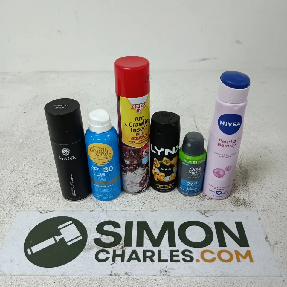 APPROXIMATELY 15 ASSORTED AEROSOLS TO INCLUDE MANE HAIR SPRAY, BONDI SANDS EVERYDAY MIST, LYNX GOLD, ETC