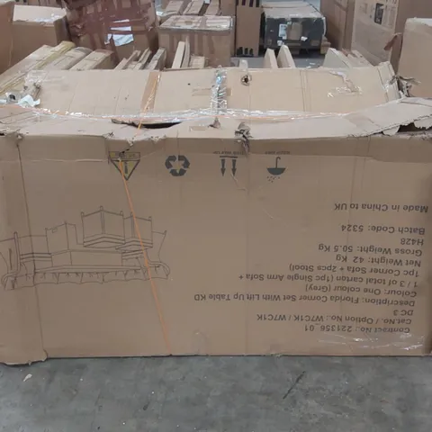 BOXED FLORIDA RATTAN OUTDOOR CORNER SOFA SET // ITEM MISSING TABLE, ONE BOX ONLY. OTHER PARTS MAY BE MISSING (1 BOX)