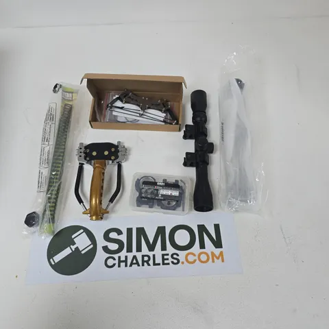 TOTE OF APPROXIMATELY 5 HOUSEHOLD ITEMS TO INCLUDE; SCOPES, CATAPULT AND EMPTY AIRSOFT MAGAZINES.