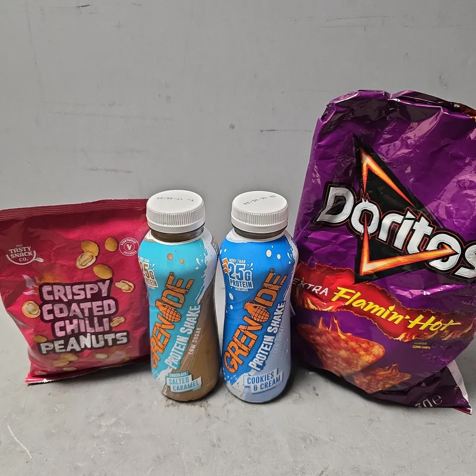 APPROXIMATELY 7 ASSORTED FOOD & DRINK ITEMS TO INCLUDE - GRENADE COOKIES & CREAM SHAKE , CRISPY COATED CHILLI PEANUTS , DORITOS EXTRA FLAMING HOT ETC