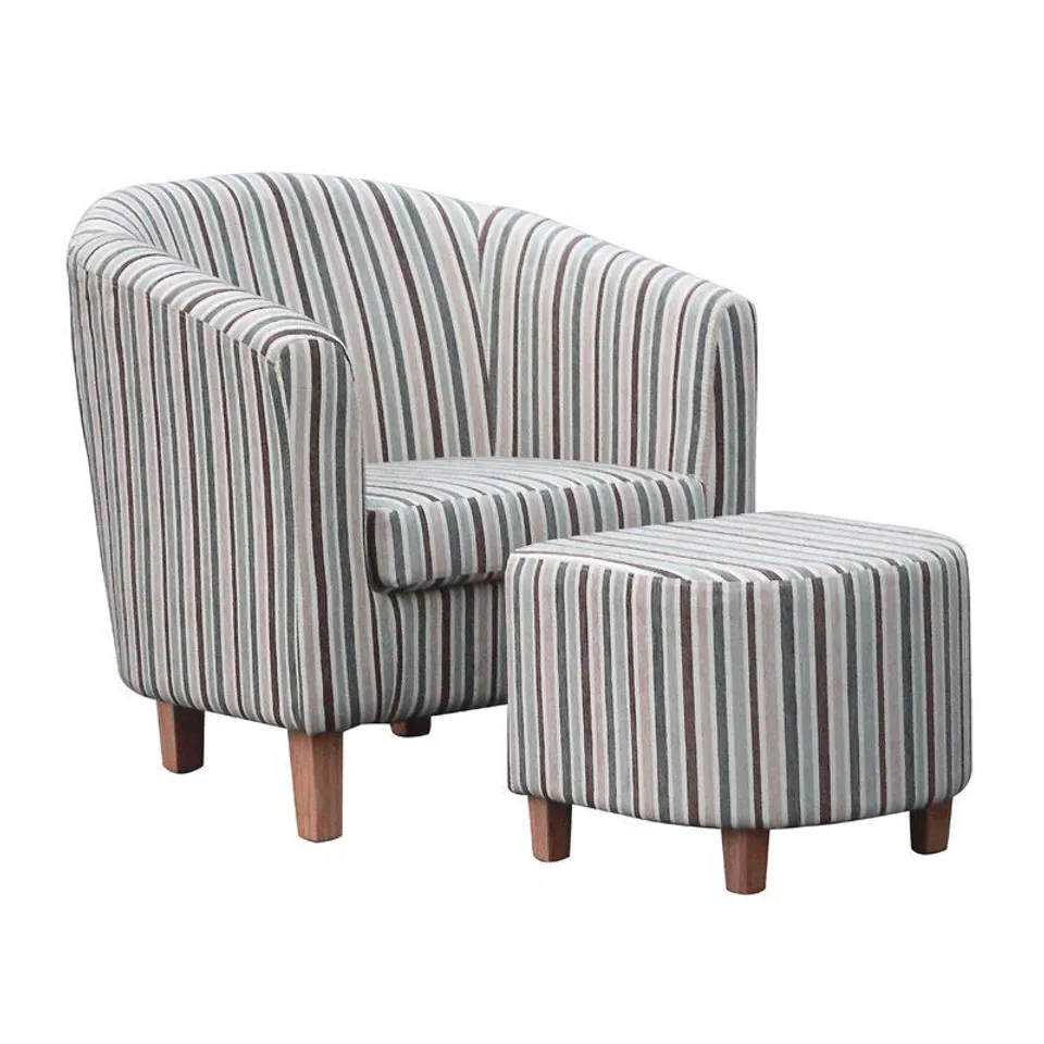 RODAN UPHOLSTERED TUB CHAIR & STOOL SET - CHENILLE DUCK EGG STRIPE