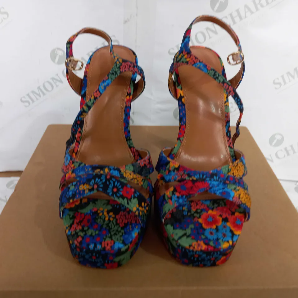 BOXED PAIR OF RIVER ISLAND JACKO OPEN TOE FLORAL RAISED HEELS - UK 5