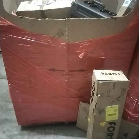 PALLET OF ASSORTED HOUSEHOLD GOODS AND PRODUCTS TO INCLUDE; ELECTRIC GRASS TRIMMER, BOXED FURNITURE ETC