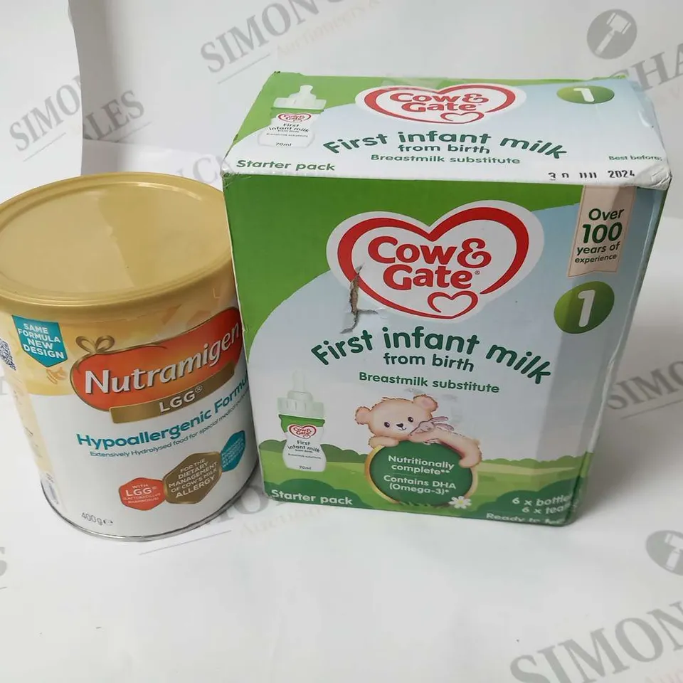 BOX OF COW AND GATE FIRST INFANT MILK FROM BIRTH 6 BOTTLES AND NUTRAMIGEN LGG HYPOALLERGENIC FORMULA 400G